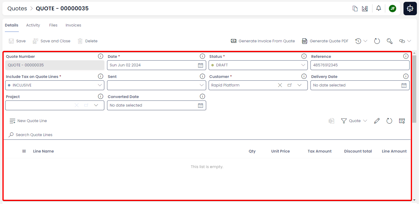 A screenshot of the details section of a quote item page. The screenshot is annotated with a red box that highlights the relevant fields that can be edited on a quote item page. For example: Quote Number, Date, Status, Reference, Include Tax on Quote Lines, Sent Customer, Delivery Date, Project, Converted Date.